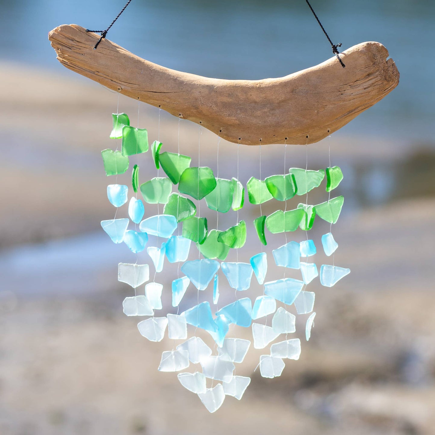 Cohasset Gifts - Driftwood & Upcycled Glass Chime - Aqua, Turquoise, Green