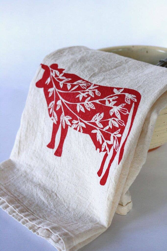 The High Fiber - Cow Tea Towel, Handprinted Kitchen Towel, Farmhouse Style