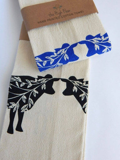 The High Fiber - Cow Tea Towel, Handprinted Kitchen Towel, Farmhouse Style
