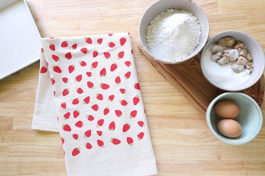 The High Fiber - Strawberry Kitchen Towel, Hand Printed Fruit Tea Towel