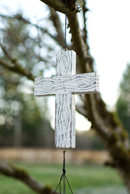 Cohasset Gifts - Christian Cross Bamboo Wind Chime - White Finish - Easter