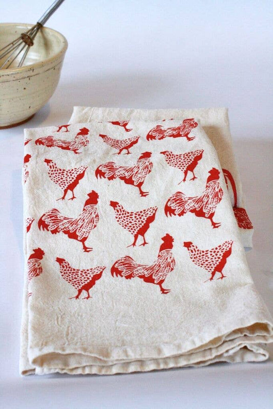 The High Fiber - Chicken Kitchen Towel, Handprinted Chicken Tea Towel 