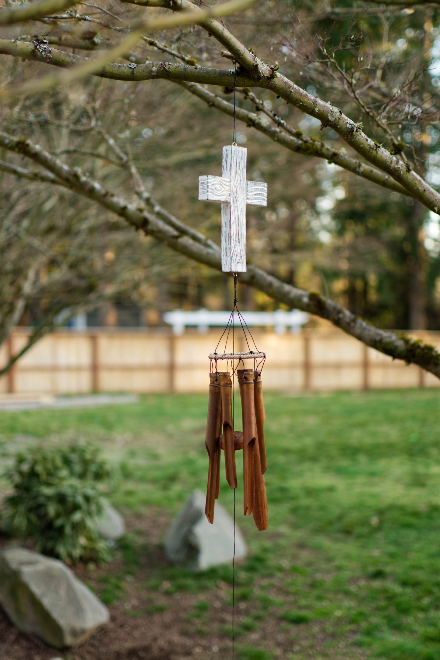 Cohasset Gifts - Christian Cross Bamboo Wind Chime - White Finish - Easter