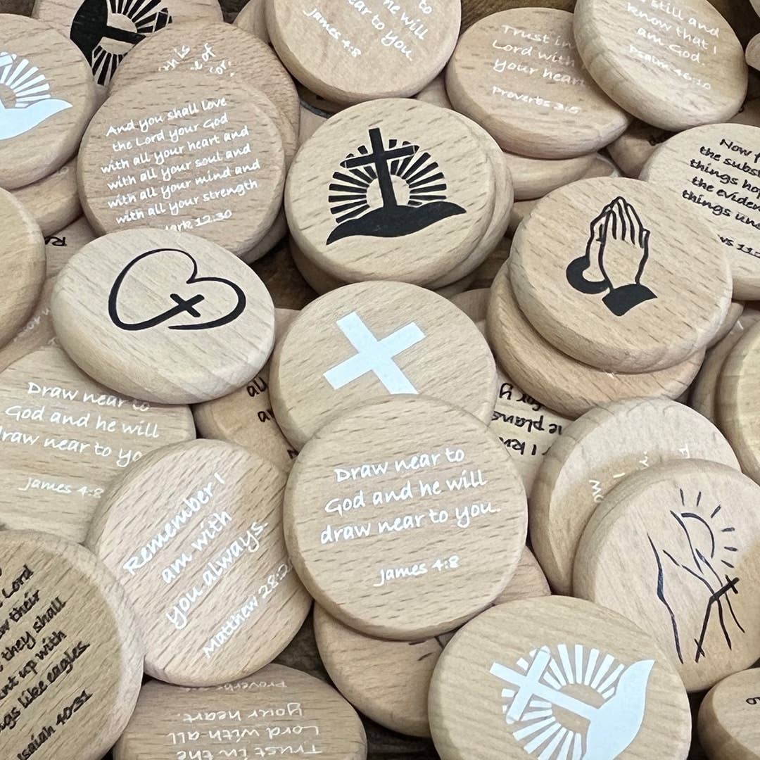 SHOPGIVECOURAGE - Scripture Verse Wood Coin Tokens - Now faith... Hebrews 11:1 - Easter