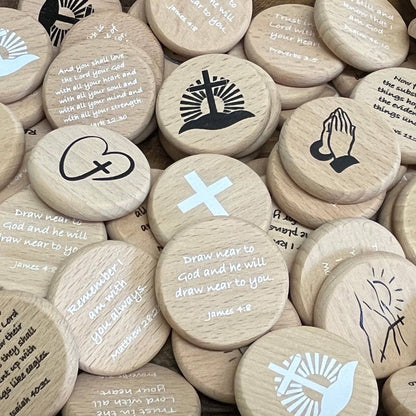 SHOPGIVECOURAGE - Scripture Verse Wood Coin Tokens - Now faith... Hebrews 11:1 - Easter