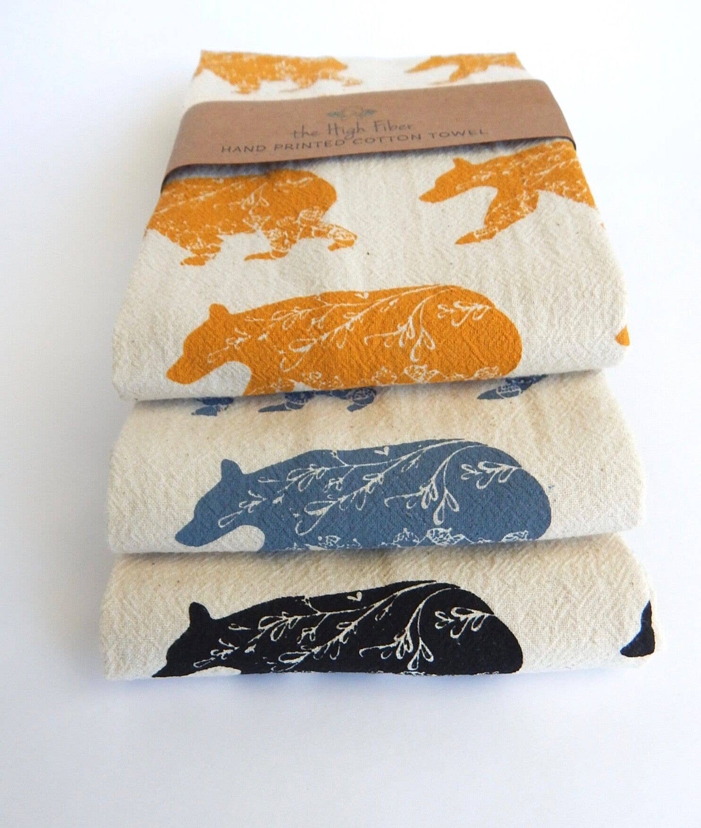 The High Fiber - Bear Kitchen Towel, Handprinted Cotton Tea Towel