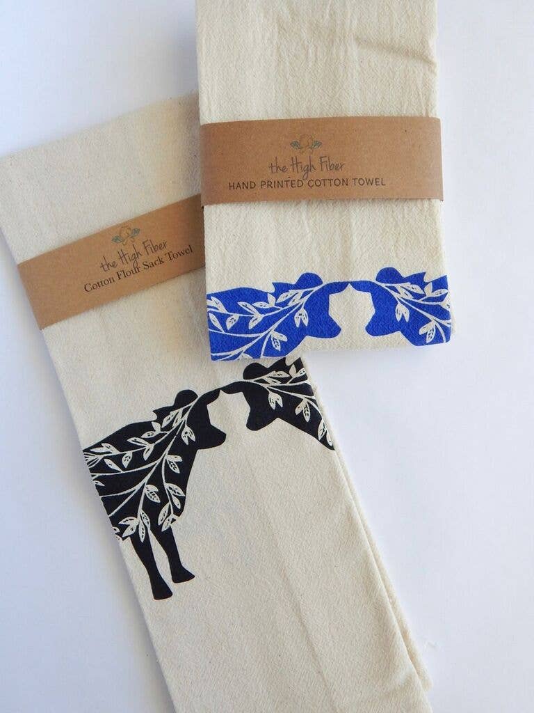 The High Fiber - Cow Tea Towel, Handprinted Kitchen Towel, Farmhouse Style
