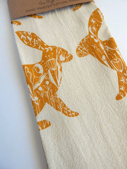The High Fiber - Floral Gold Rabbit Kitchen Towel, Rabbit Tea Towel - Easter