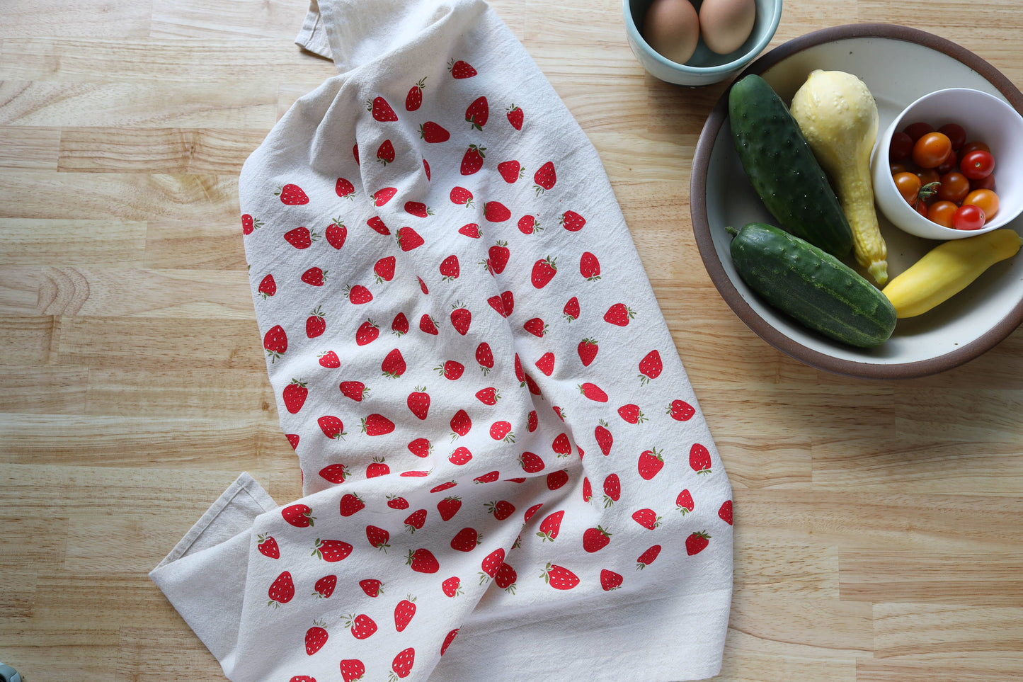 The High Fiber - Strawberry Kitchen Towel, Hand Printed Fruit Tea Towel