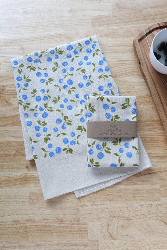 The High Fiber - Blueberry Kitchen Towel, Handprinted Tea Towel