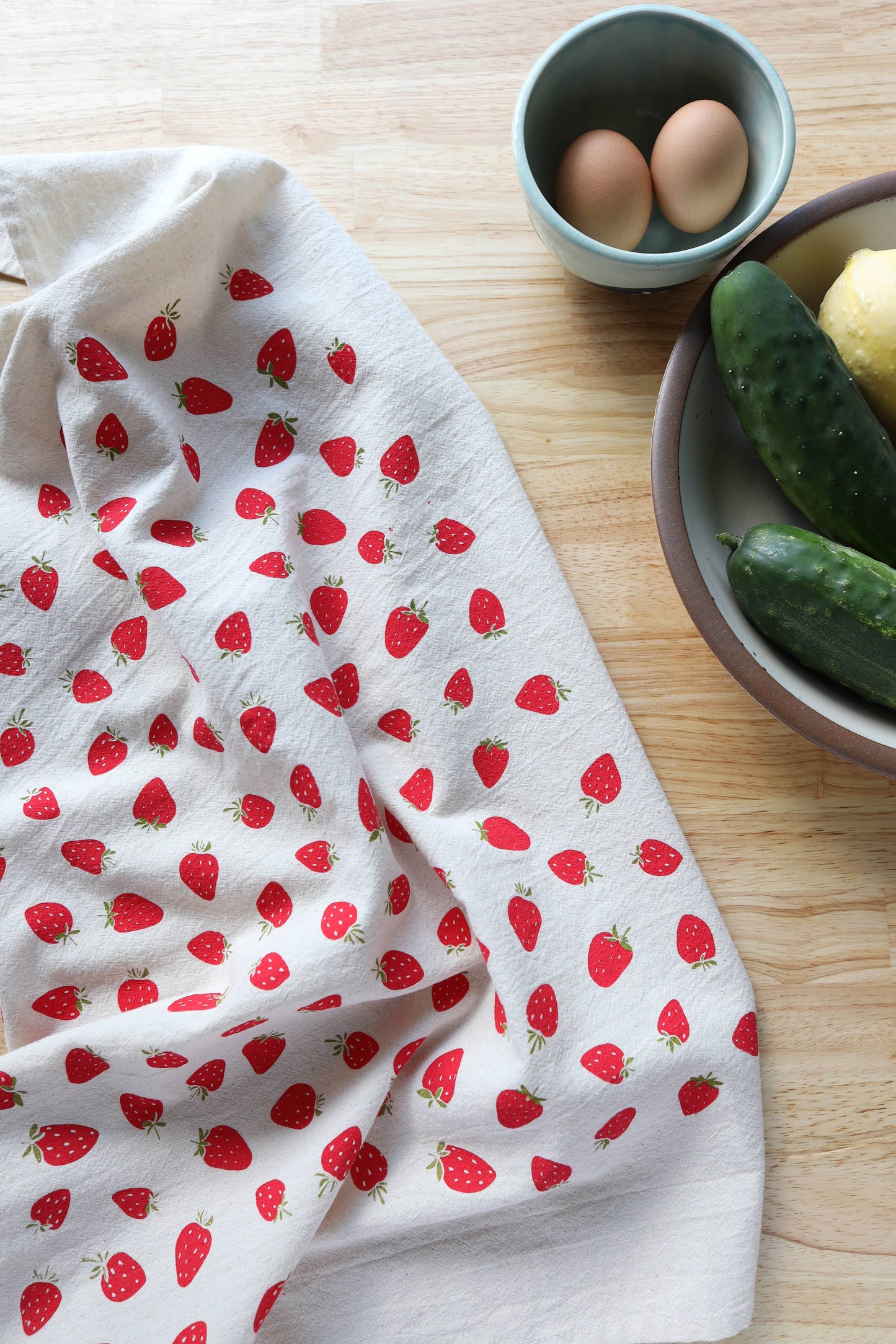 The High Fiber - Strawberry Kitchen Towel, Hand Printed Fruit Tea Towel