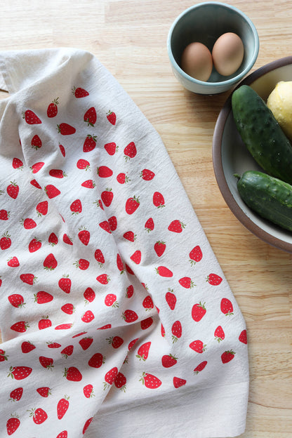 The High Fiber - Strawberry Kitchen Towel, Hand Printed Fruit Tea Towel