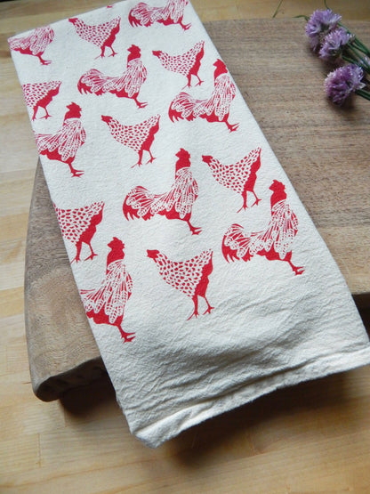 The High Fiber - Chicken Kitchen Towel, Handprinted Chicken Tea Towel 