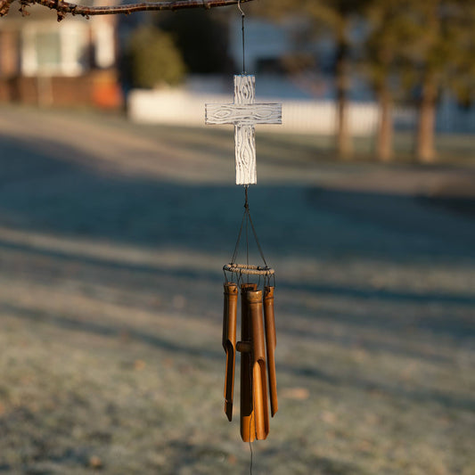 Cohasset Gifts - Christian Cross Bamboo Wind Chime - White Finish - Easter