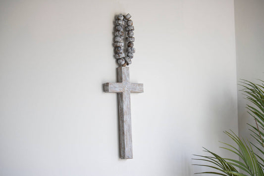 Foreside H & G - Hudson White Brushed Wood Cross Beaded Hanger Wall Decor - Easter