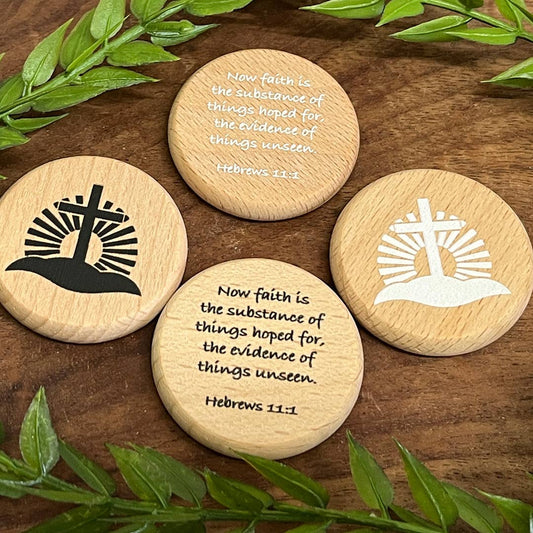 SHOPGIVECOURAGE - Scripture Verse Wood Coin Tokens - Now faith... Hebrews 11:1 - Easter