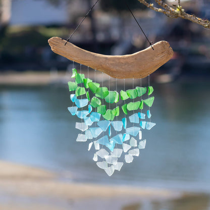 Cohasset Gifts - Driftwood & Upcycled Glass Chime - Aqua, Turquoise, Green