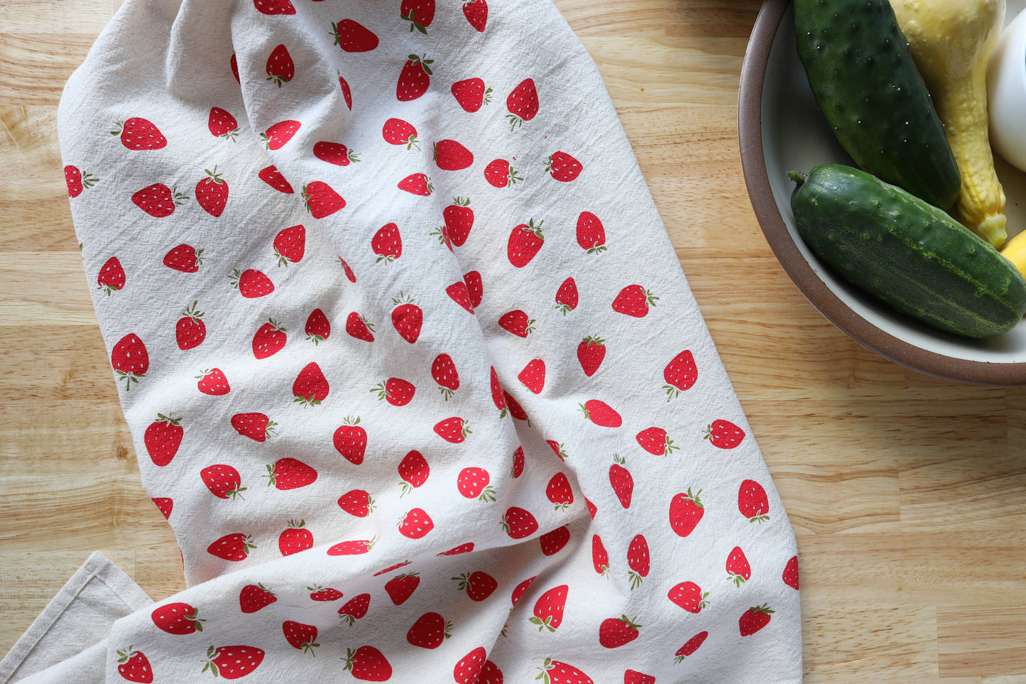 The High Fiber - Strawberry Kitchen Towel, Hand Printed Fruit Tea Towel