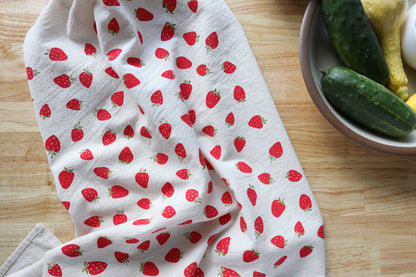 The High Fiber - Strawberry Kitchen Towel, Hand Printed Fruit Tea Towel