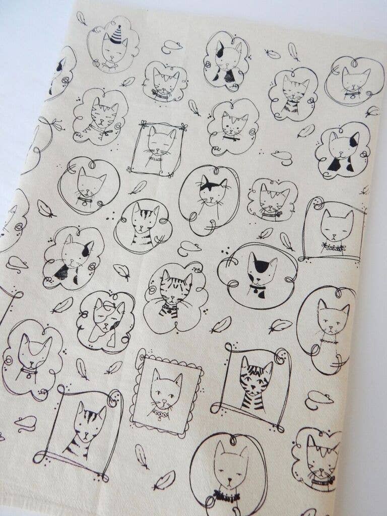 The High Fiber - Cat Kitchen Towel, Handprinted Tea Towel, Cats