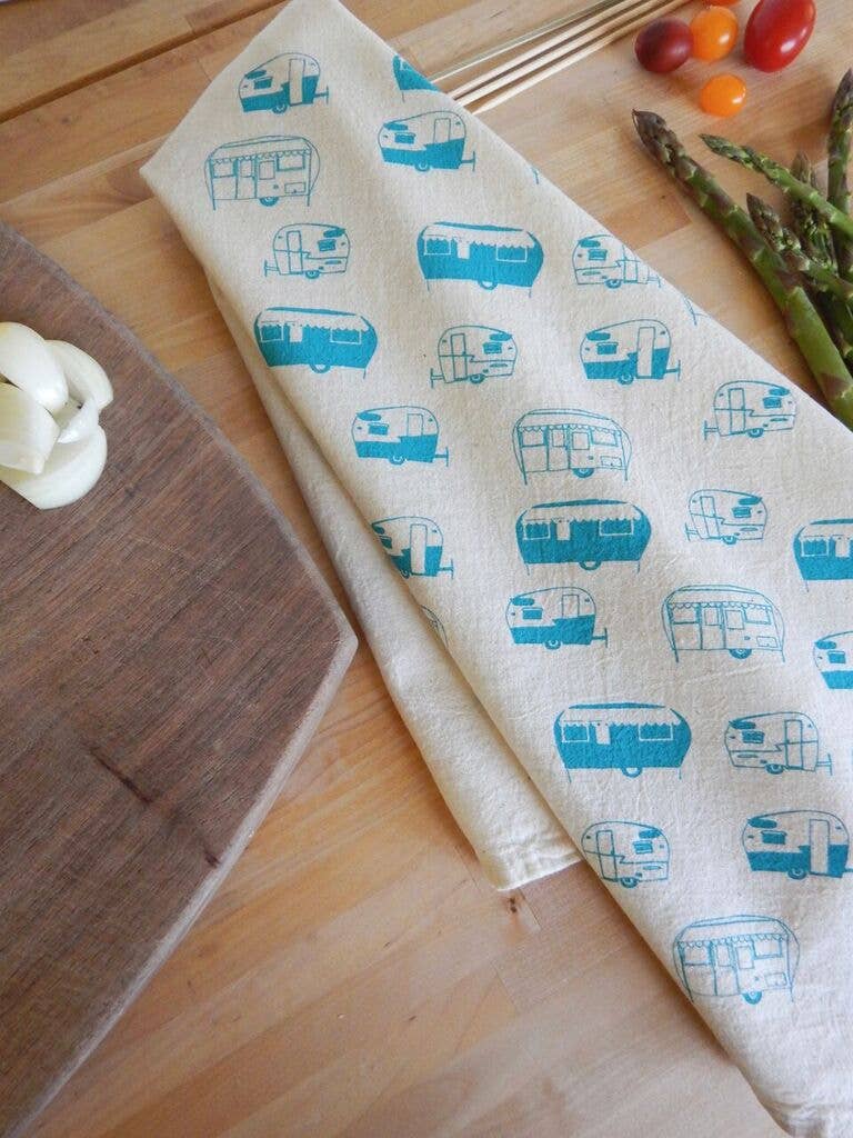The High Fiber - Vintage Campers Kitchen Towel, Handprinted Tea Towel