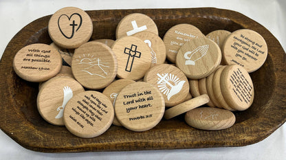 SHOPGIVECOURAGE - Scripture Verse Wood Coin Tokens - Now faith... Hebrews 11:1 - Easter